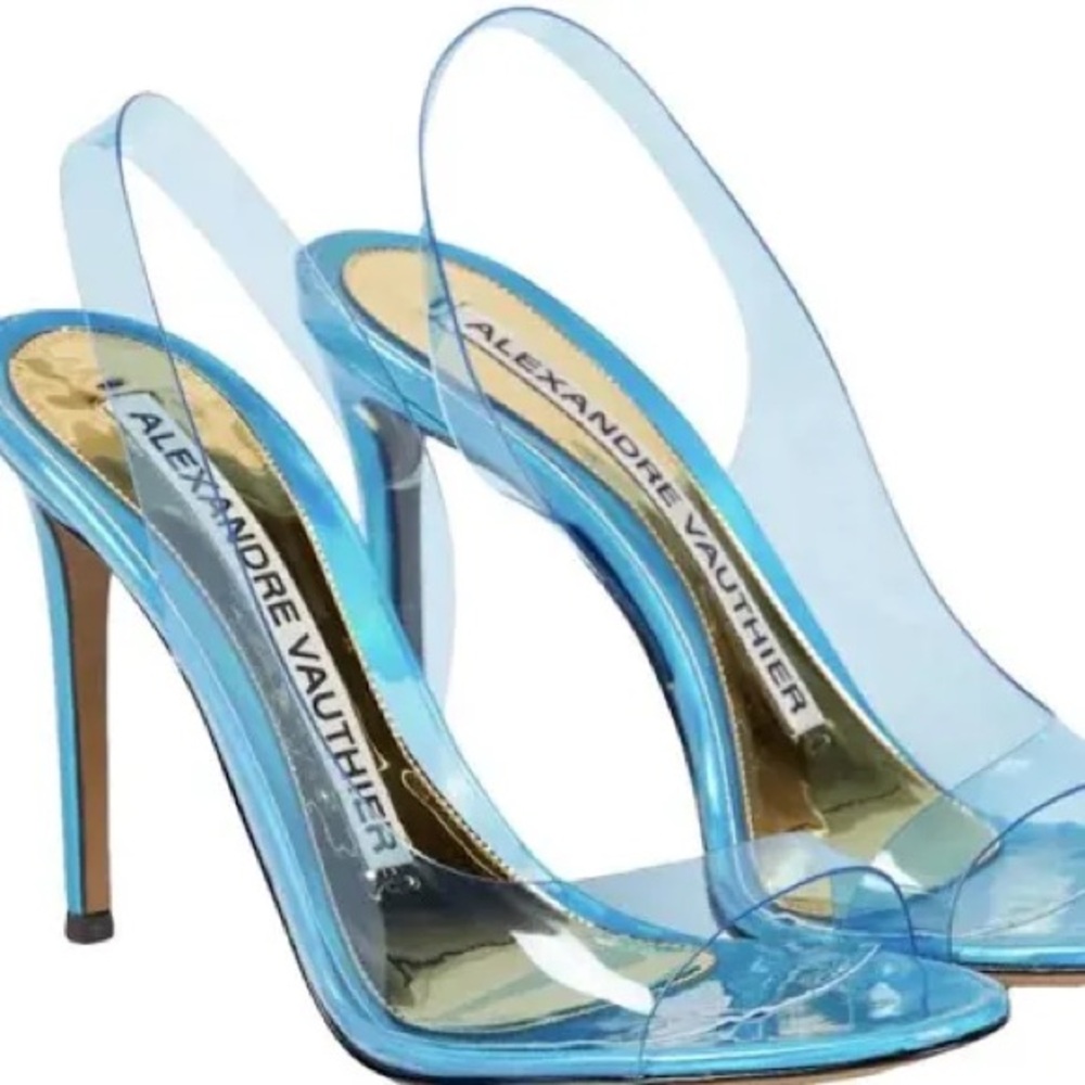 Alexandre Vauthier metallic aqua leather plexi HH sandal 38 retail $765 NIB